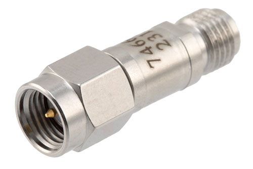 30 dB Fixed Attenuator, SMA Male to SMA Female Stainless Steel Body Rated to 2 Watts, DC to 12 GHz