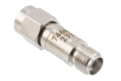 7 dB Fixed Attenuator, SMA Male to SMA Female Stainless Steel Body Rated to 2 Watts, DC to 12 GHz