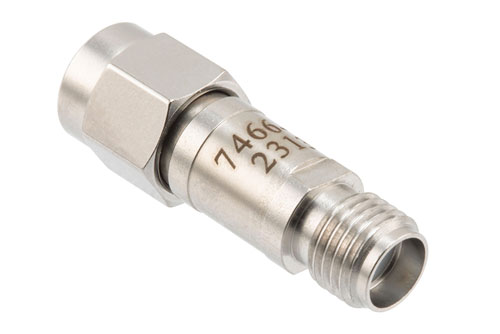9 dB Fixed Attenuator, SMA Male to SMA Female Stainless Steel Body Rated to 2 Watts, DC to 12 GHz