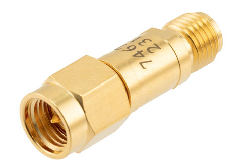 2 dB Fixed Attenuator, SMA Male to SMA Female Brass Body Rated to 2 Watts, DC to 12 GHz