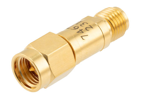 30 dB Fixed Attenuator, SMA Male to SMA Female Brass Body Rated to 2 Watts, DC to 12 GHz