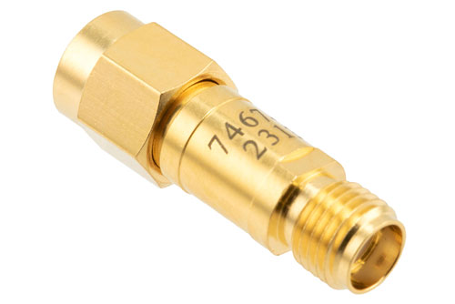 3 dB Fixed Attenuator, SMA Male to SMA Female Brass Body Rated to 2 Watts, DC to 12 GHz