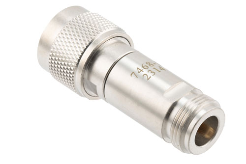9 dB Fixed Attenuator, N Male to N Female Brass Body Rated to 2 Watts, DC to 12 GHz