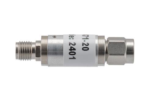 20 dB Fixed Attenuator, 3.5mm Male to 3.5mm Female Aluminum Body Rated to 2 Watts Up to 26.5 GHz