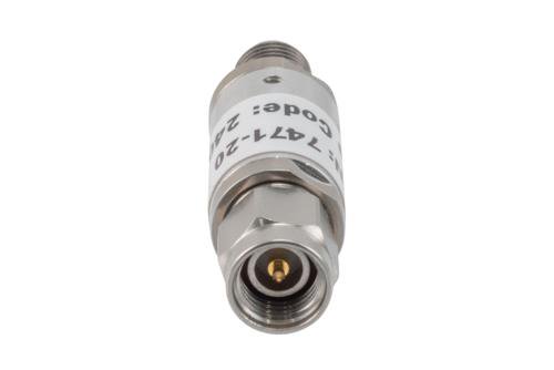 20 dB Fixed Attenuator, 3.5mm Male to 3.5mm Female Aluminum Body Rated to 2 Watts Up to 26.5 GHz