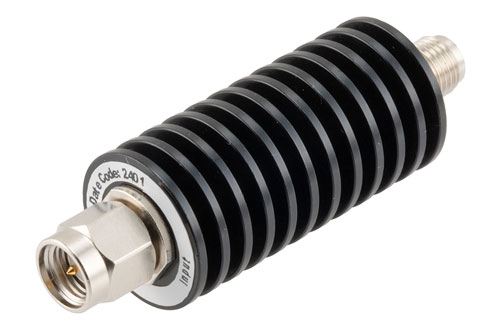 10 dB Fixed Attenuator, SMA Male to SMA Female Black Anodized Aluminum Body Rated to 20 Watts Up to 26.5 GHz