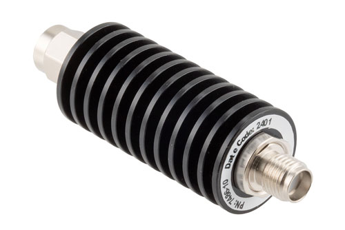 10 dB Fixed Attenuator, SMA Male to SMA Female Black Anodized Aluminum Body Rated to 20 Watts Up to 26.5 GHz