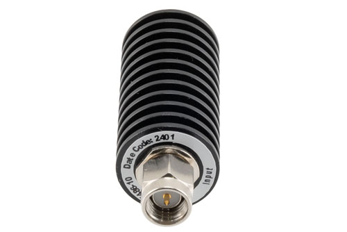 10 dB Fixed Attenuator, SMA Male to SMA Female Black Anodized Aluminum Body Rated to 20 Watts Up to 26.5 GHz