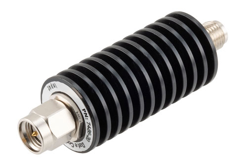 20 dB Fixed Attenuator, SMA Male to SMA Female Black Anodized Aluminum Body Rated to 20 Watts Up to 26.5 GHz