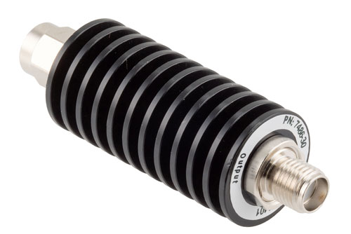 30 dB Fixed Attenuator, SMA Male to SMA Female Black Anodized Aluminum Body Rated to 20 Watts Up to 26.5 GHz