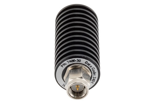 30 dB Fixed Attenuator, SMA Male to SMA Female Black Anodized Aluminum Body Rated to 20 Watts Up to 26.5 GHz