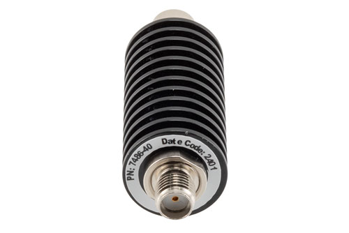40 dB Fixed Attenuator, SMA Male to SMA Female Black Anodized Aluminum Body Rated to 20 Watts Up to 26.5 GHz