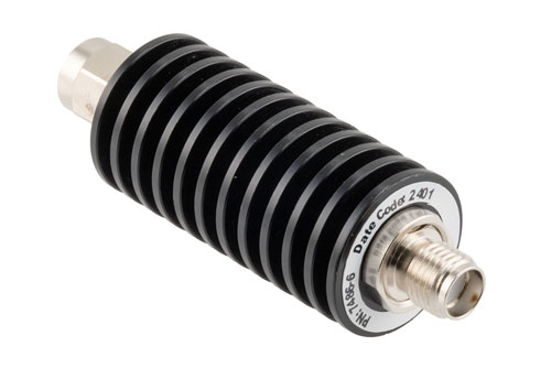 6 dB Fixed Attenuator, SMA Male to SMA Female Black Anodized Aluminum Body Rated to 20 Watts Up to 26.5 GHz