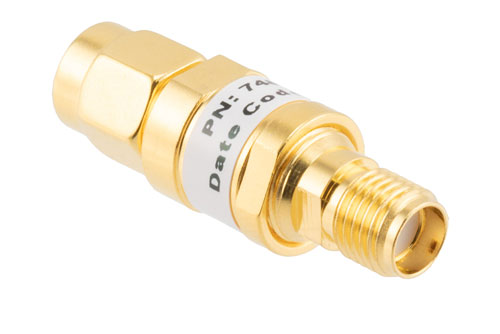 10 dB Fixed Attenuator, SMA Male to SMA Female Brass Gold Body Rated to 2 Watts Up to 26.5 GHz
