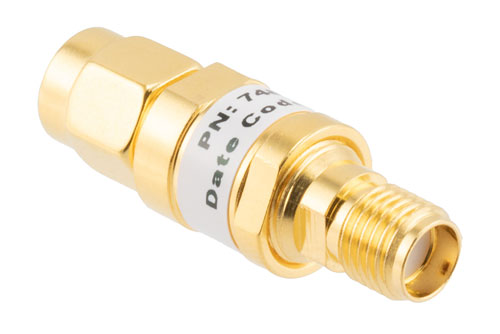 20 dB Fixed Attenuator, SMA Male to SMA Female Brass Gold Body Rated to 2 Watts Up to 26.5 GHz