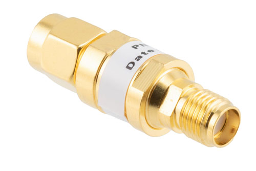 30 dB Fixed Attenuator, SMA Male to SMA Female Brass Gold Body Rated to 2 Watts Up to 26.5 GHz