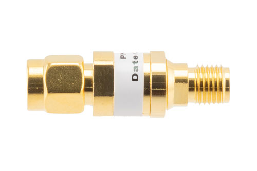3 dB Fixed Attenuator, SMA Male to SMA Female Brass Gold Body Rated to 2 Watts Up to 26.5 GHz