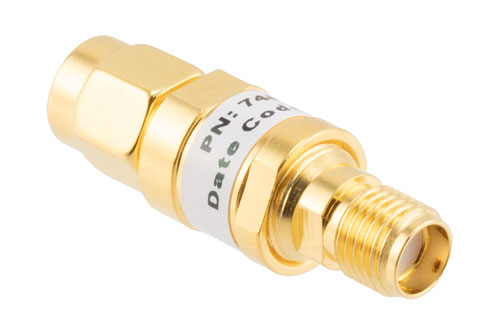 3 dB Fixed Attenuator, SMA Male to SMA Female Brass Gold Body Rated to 2 Watts Up to 26.5 GHz