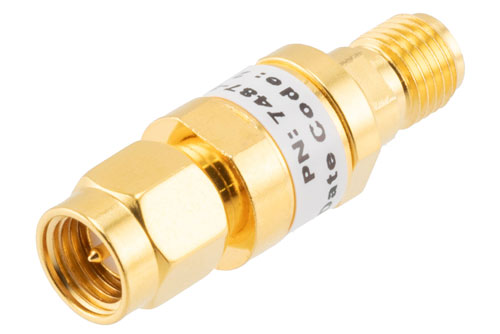 5 dB Fixed Attenuator, SMA Male to SMA Female Brass Gold Body Rated to 2 Watts Up to 26.5 GHz