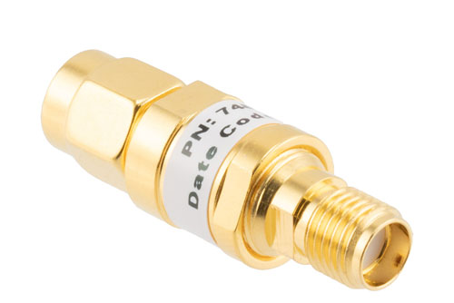 5 dB Fixed Attenuator, SMA Male to SMA Female Brass Gold Body Rated to 2 Watts Up to 26.5 GHz