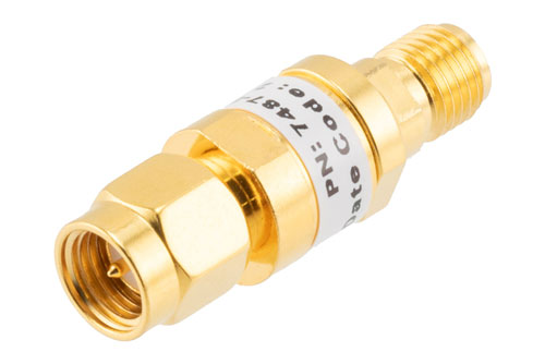 6 dB Fixed Attenuator, SMA Male to SMA Female Brass Gold Body Rated to 2 Watts Up to 26.5 GHz
