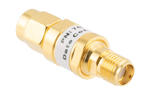 6 dB Fixed Attenuator, SMA Male to SMA Female Brass Gold Body Rated to 2 Watts Up to 26.5 GHz