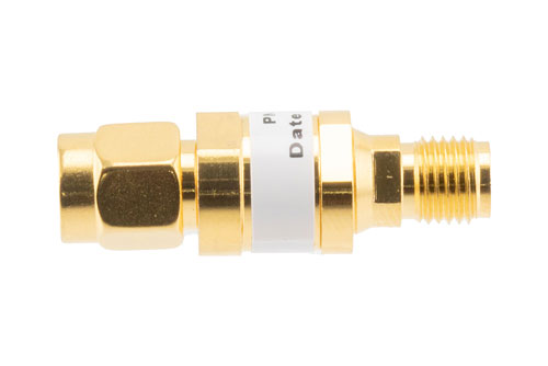 7 dB Fixed Attenuator, SMA Male to SMA Female Brass Gold Body Rated to 2 Watts Up to 26.5 GHz