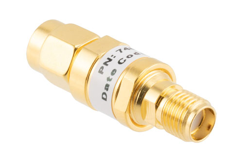 7 dB Fixed Attenuator, SMA Male to SMA Female Brass Gold Body Rated to 2 Watts Up to 26.5 GHz