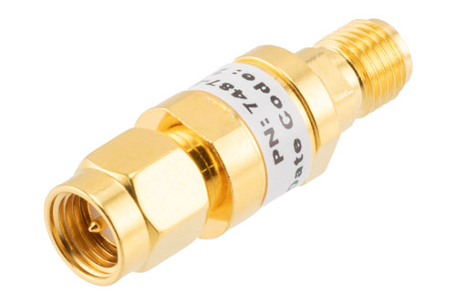 8 dB Fixed Attenuator, SMA Male to SMA Female Brass Gold Body Rated to 2 Watts Up to 26.5 GHz