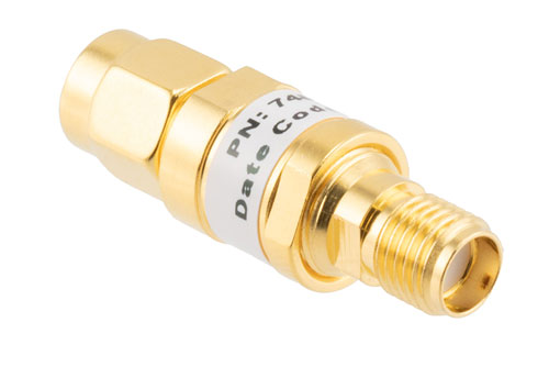 9 dB Fixed Attenuator, SMA Male to SMA Female Brass Gold Body Rated to 2 Watts Up to 26.5 GHz