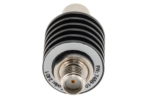 10 dB Fixed Attenuator, SMA Male to SMA Female Black Anodized Aluminum Body Rated to 5 Watts Up to 26.5 GHz