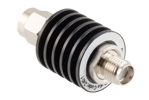 10 dB Fixed Attenuator, SMA Male to SMA Female Black Anodized Aluminum Body Rated to 5 Watts Up to 26.5 GHz