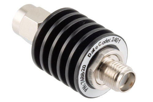20 dB Fixed Attenuator, SMA Male to SMA Female Black Anodized Aluminum Body Rated to 5 Watts Up to 26.5 GHz