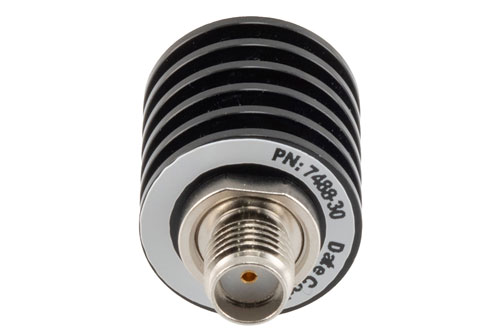 30 dB Fixed Attenuator, SMA Male to SMA Female Black Anodized Aluminum Body Rated to 5 Watts Up to 26.5 GHz