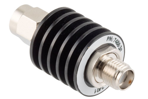 30 dB Fixed Attenuator, SMA Male to SMA Female Black Anodized Aluminum Body Rated to 5 Watts Up to 26.5 GHz