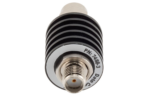 3 dB Fixed Attenuator, SMA Male to SMA Female Black Anodized Aluminum Body Rated to 5 Watts Up to 26.5 GHz