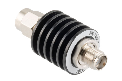 3 dB Fixed Attenuator, SMA Male to SMA Female Black Anodized Aluminum Body Rated to 5 Watts Up to 26.5 GHz