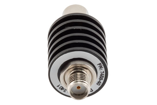 40 dB Fixed Attenuator, SMA Male to SMA Female Black Anodized Aluminum Body Rated to 5 Watts Up to 26.5 GHz