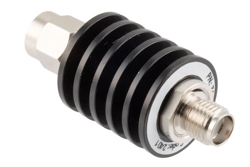40 dB Fixed Attenuator, SMA Male to SMA Female Black Anodized Aluminum Body Rated to 5 Watts Up to 26.5 GHz