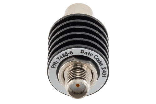 6 dB Fixed Attenuator, SMA Male to SMA Female Black Anodized Aluminum Body Rated to 5 Watts Up to 26.5 GHz