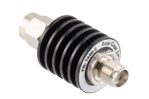 6 dB Fixed Attenuator, SMA Male to SMA Female Black Anodized Aluminum Body Rated to 5 Watts Up to 26.5 GHz