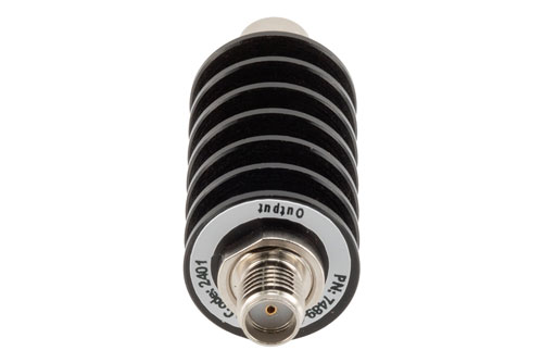 20 dB Fixed Attenuator, SMA Male to SMA Female Black Anodized Aluminum Body Rated to 10 Watts Up to 26.5 GHz