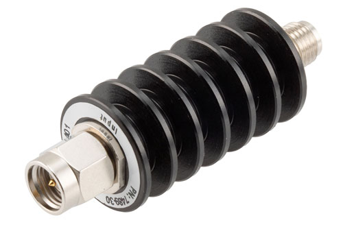 30 dB Fixed Attenuator, SMA Male to SMA Female Black Anodized Aluminum Body Rated to 10 Watts Up to 26.5 GHz