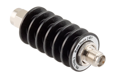 3 dB Fixed Attenuator, SMA Male to SMA Female Black Anodized Aluminum Body Rated to 10 Watts Up to 26.5 GHz