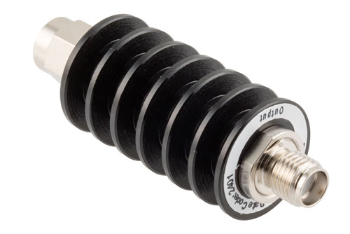 40 dB Fixed Attenuator, SMA Male to SMA Female Black Anodized Aluminum Body Rated to 10 Watts Up to 26.5 GHz