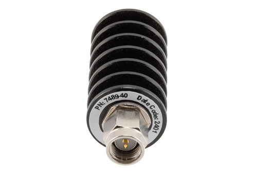 40 dB Fixed Attenuator, SMA Male to SMA Female Black Anodized Aluminum Body Rated to 10 Watts Up to 26.5 GHz