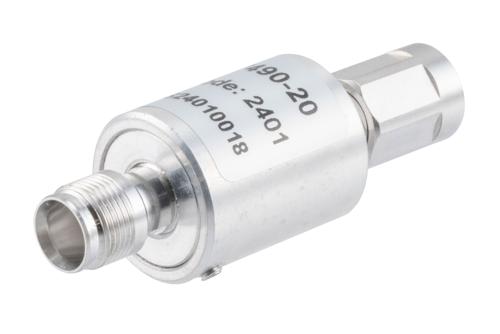 20 dB Fixed Attenuator, NEX10 Male to NEX10 Female Aluminum Body Rated to 5 Watts Up to 6 GHz