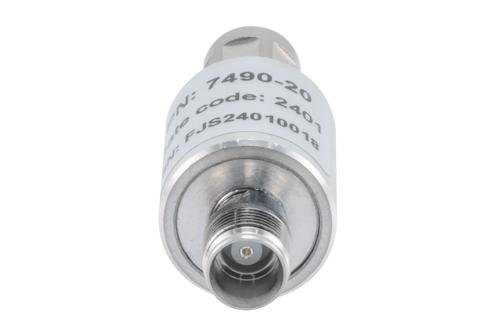 20 dB Fixed Attenuator, NEX10 Male to NEX10 Female Aluminum Body Rated to 5 Watts Up to 6 GHz