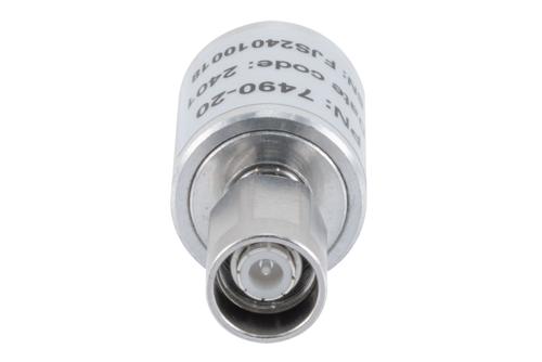 20 dB Fixed Attenuator, NEX10 Male to NEX10 Female Aluminum Body Rated to 5 Watts Up to 6 GHz