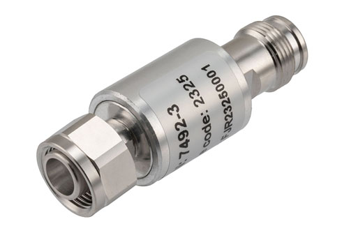 3 dB Fixed Attenuator, 2.2-5 Male to 2.2-5 Female Brass Body Rated to 5 Watts, DC to 6 GHz